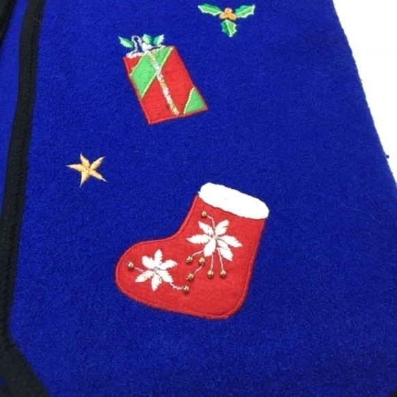 VINTAGE Christmas Vest 100% Boiled Wool Embroidered Zip Candy Canes Size Medium - Picture 7 of 9